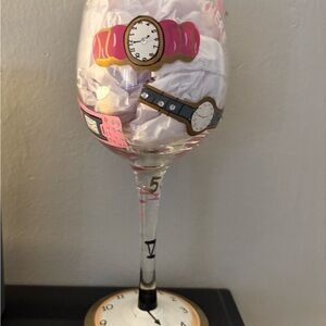 Hand painted Wine Glass with 5 o’clock Watch Design